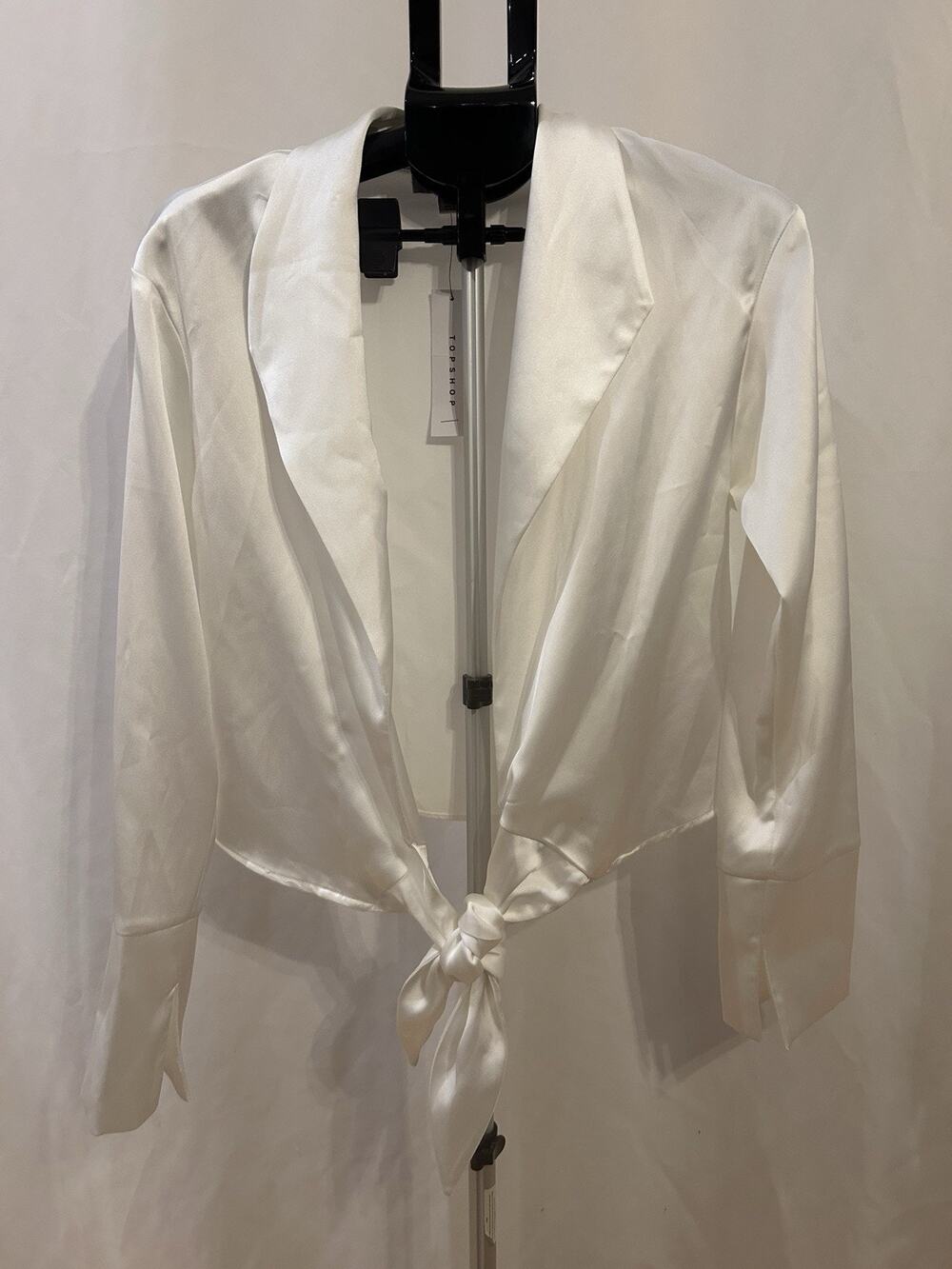 NWT Topshop White Satin Tie Front Long Sleeve Shirt Women's Size US 6